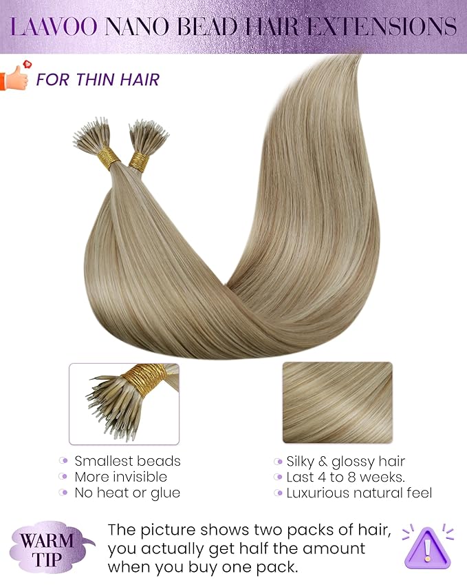 LaaVoo Nano Ring Hair Extensions Blonde Nano Bead Hair Extensions Blonde Highlight Nano Extensions Human Hair Invisible Seamless 50s 50g 20in