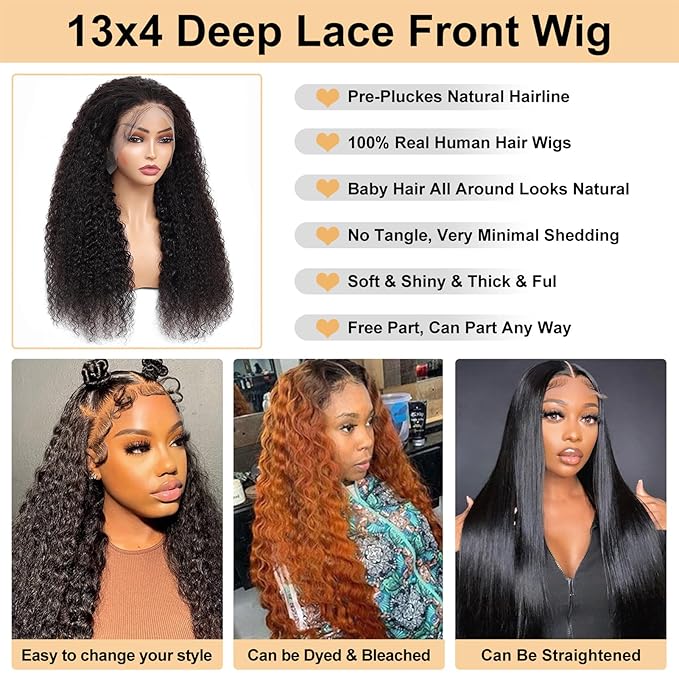 Deep Wave Lace Front Wigs Human Hair 200% Density 13x4 HD Transparent Full Lace Frontal Wigs Human Hair 12A Deep Curly Glueless Wigs Human Hair Pre Plucked for Black Women 3X Longer Lifespan (20 Inch)