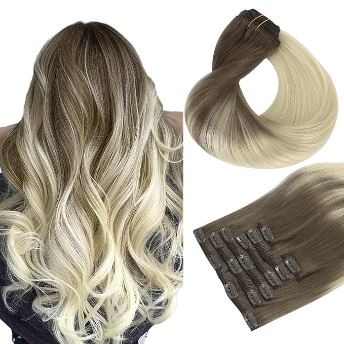 HOTBANANA Human Hair Clip-in Extensions, Ombre Sandy Brown to Platinum Blonde 75g Real Human Hair Straight Remy 12 Inch 7pcs