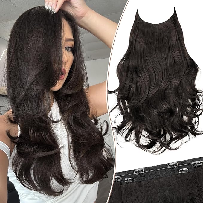 KooKaStyle Invisible Wire Hair Extensions 18"Long Wavy Layered Synthetic Clip in Hair Extensions with Transparent Wire Adjustable Size 6 Secure Clips Dark Brown Thick Hairpieces for Women 18Inch