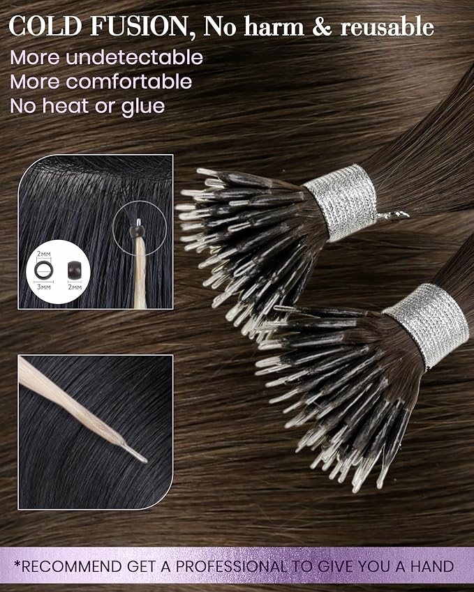 LaaVoo Nano Bead Hair Extensions Human Hair Medium Brown Nano Extensions Human Hair Brown Nano Hair Extension Real Silky Straight 50s 50g 18 Inch