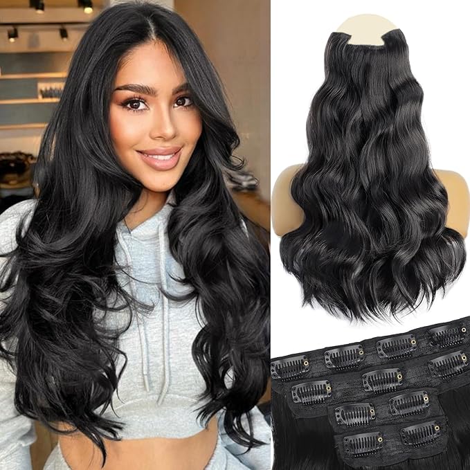 Vigorous Black Hair Extension 20Inch Clip in Hair Extensions 4PCS Natural Thick Synthetic Soft and Natural Thick Hairpieces for Women
