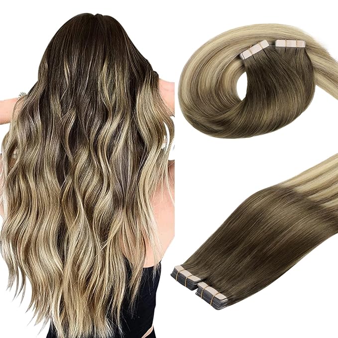 DOORES Human Hair Extensions Tape in, Walnut Brown to Ash Brown and Bleach Blonde 12 Inch 80g 40pcs, Tape in Hair Extensions Remy Straight Hair Extensions