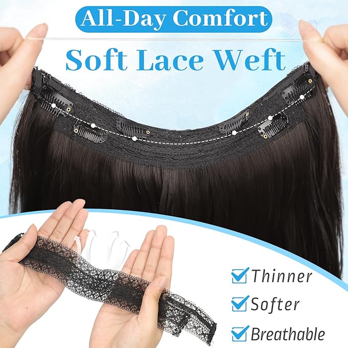 KooKaStyle Invisible Wire Hair Extensions 18"Long Wavy Layered Synthetic Clip in Hair Extensions with Transparent Wire Adjustable Size 6 Secure Clips Dark Brown Thick Hairpieces for Women 18Inch