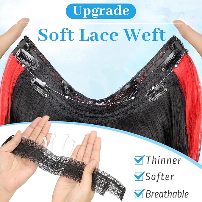 KooKaStyle Invisible Wire Hair Extensions 20"Long Wavy Layered Synthetic Clip in with Adjustable Size 6 Secure Clips Black with Red Highlights Thick Hairpieces for Women 20 Inch