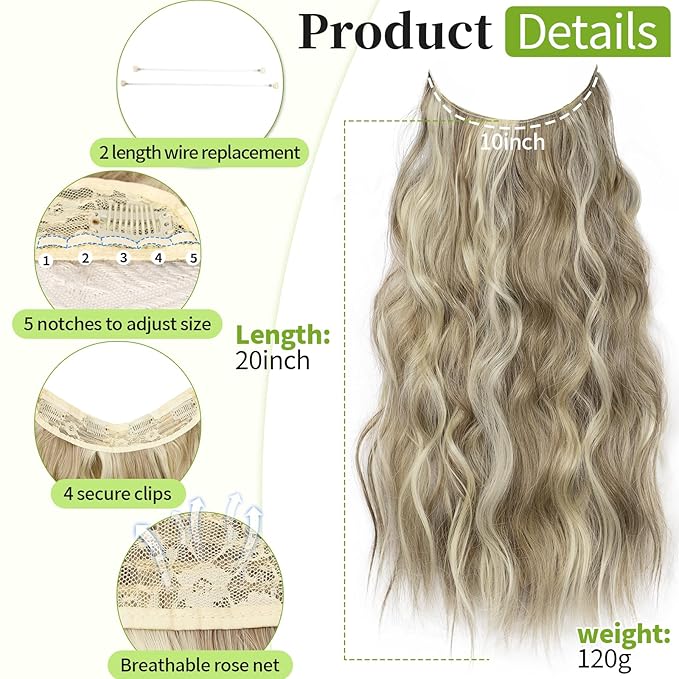 KooKaStyle Invisible Wire Hair Extensions with Transparent Headband Adjustable Size 4 Secure Clips Long Wavy Secret Wire Synthetic Hairpiece 20 Inch for Women(10H24#Dirty Blonde Mixed Bleach Blonde)