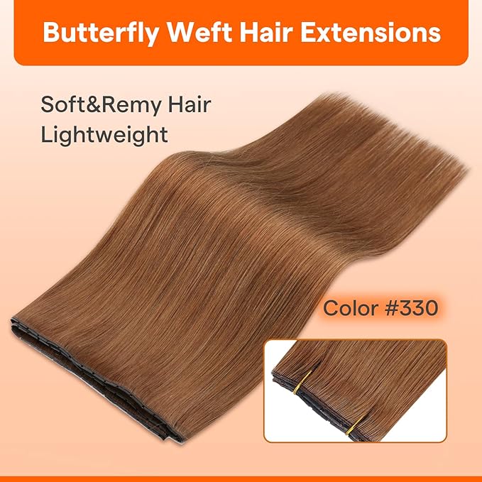 Full Shine Butterfly Weft Hair Extensions Color Copper extensions ovo weft hair Invisible Pu Hole Weft Hand Tied Extensions Soft Hair 20 Inch Micro Ring Extensions Add Length 100G