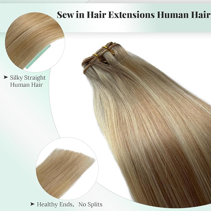 Blonde Sew in Hair Extensions Real Human Hair 22 Inch 120G Double Weft Ash Blonde Highlighted Platinum Blonde Weft Hair Extensions Human Hair Straight Weave Bundles Sew in