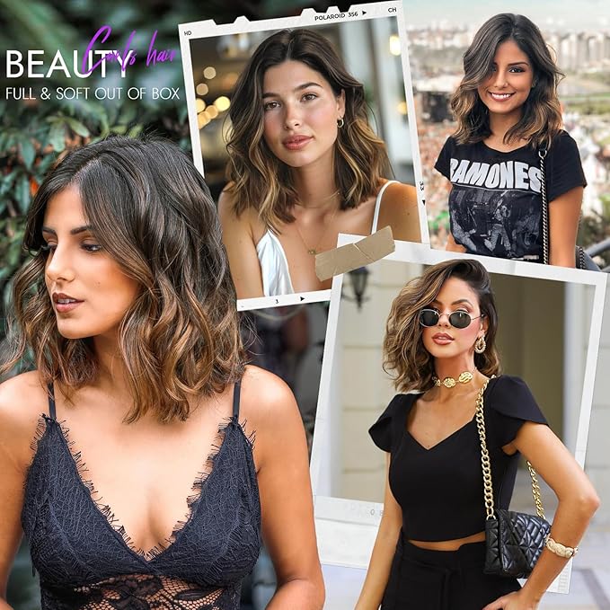 Ombre Brown Short Wavy Wig for Women Lace Hairline Bob Style Synthetic Heat Resistant - Natural Appearance for Everyday Hairstyle 14 Inch