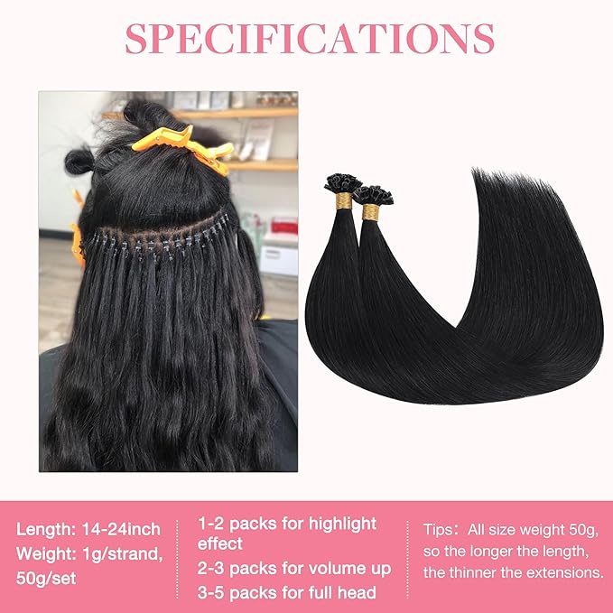 GOO GOO U Tip Hair Extensions, Real Human Hair, 16inch 50g 50S, Hot Fusion, Invisible Remy, 1B Natural Black