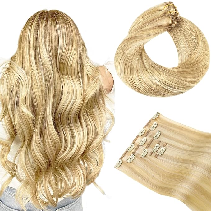 HOTBANANA Clip in Hair Extensions Real Human Hair, 5Pcs 80g 22 Inch Light Blonde Highlighted Golden Blonde Balayage Straight Remy Clip in Extensions