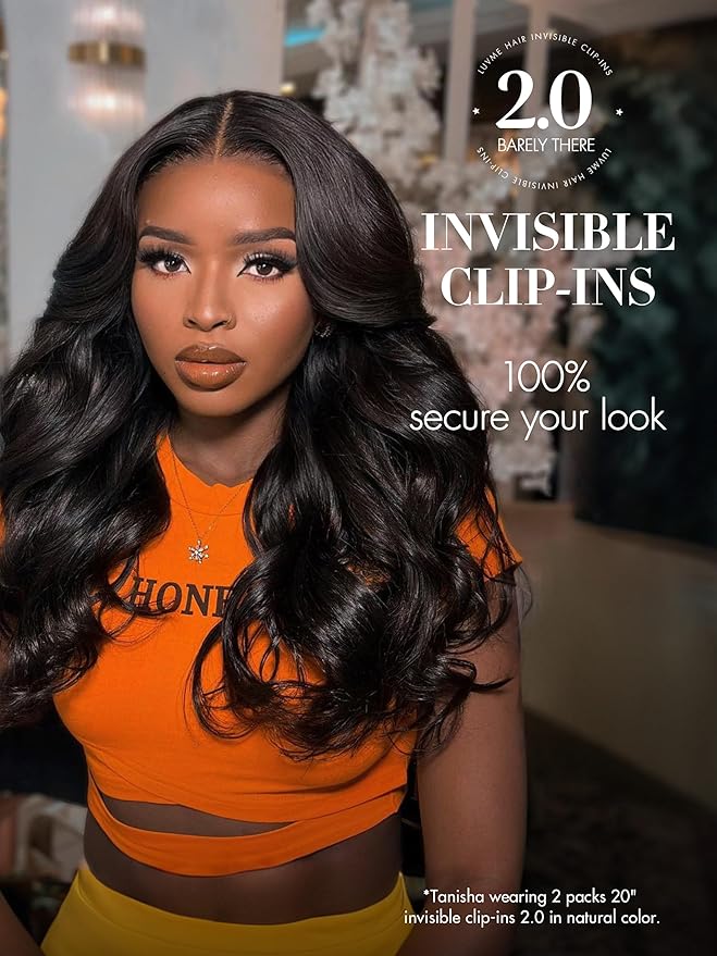 LUVME Invisible Clip in Hair Extensions,Body Wave 22 Inch 2 Pack 220g 12pcs Human Hair Invisible Clip ins Hair Extensions Natural Black Hair for Women