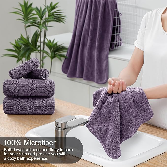 8 Piece Bath Towel Set-2 Oversized Bath Sheets(35"x70"),2 Hand Towels,4 Washcloths-Extra Large Microfiber Towel Sets,Less Lint Highly Absorbent & Quick Dry Bath Towels for Bathroom Gym Pool,Purple