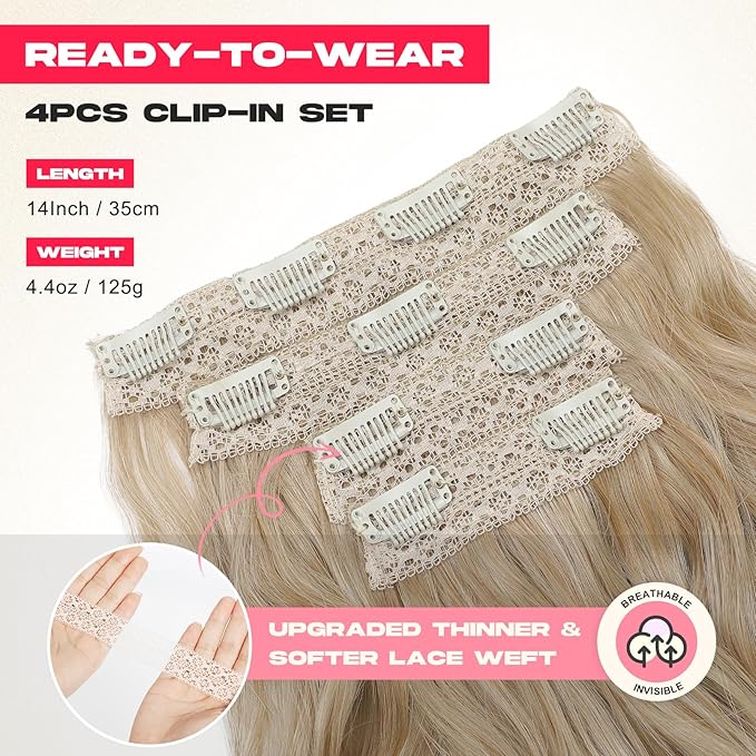 Hair Extensions, 14" Short Clip in Hair Extensions 4PCS Beach Wave Blonde Natural Soft Synthetic Hairpiece for Women - Champagne Blonde
