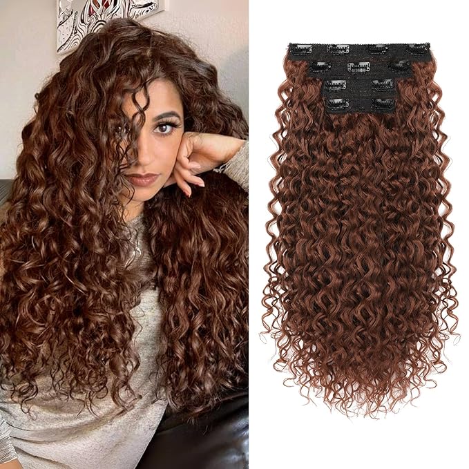 Clip in Hair Extensions, FLUFYMOOZ 4PC 100％ Pure Protein Silk Hair Extensions Long Soft Natural Hairpiece 20 Inch Curly Hair Extension for Women (Copper Red)