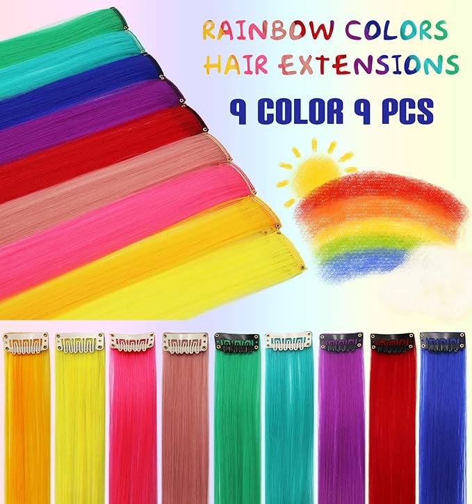 Rhyme 9 PCS Colored Hair Extensions Clip In 21 inch Straight Multicolored Hair Extensions Accessories For Girls Women Gift Party Highlights Wig Pieces (Rainbow Color)
