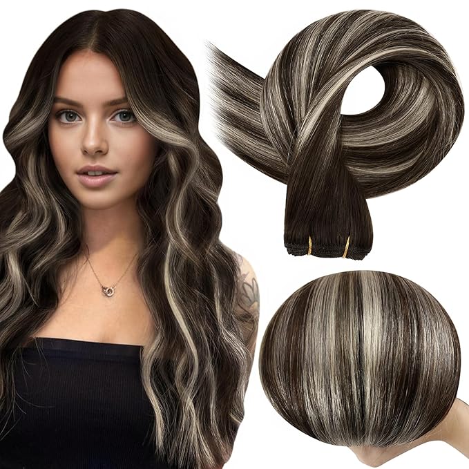 Full Shine Hair Extensions Real Human Hair Sew In Color #2/60/2 Weft Hair Extensions Soft Silky Hair 20 Inch 105G Invisible Weft Extensions Dark Brown Hair