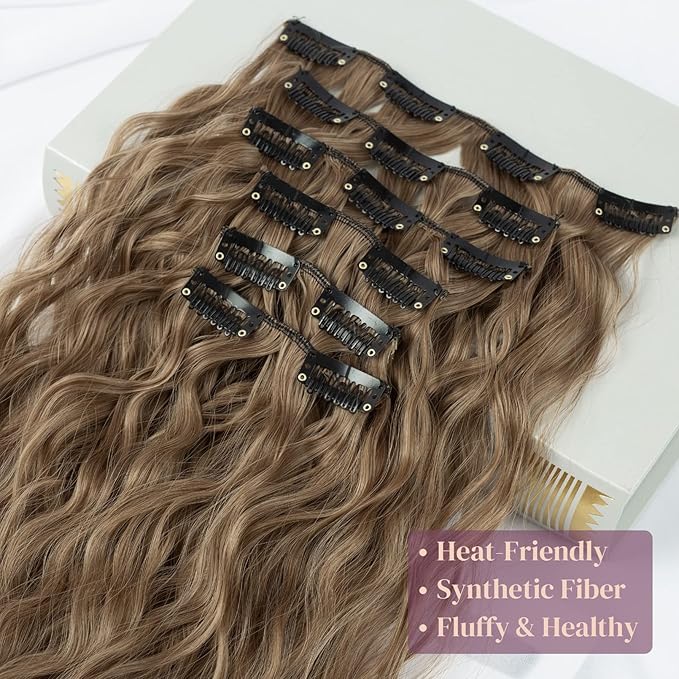 LONAI Clip In Hair Extensions, 6PCS Curly 24" Long Synthetic Clip On Hairpiece For Women-Dark Ash Blonde with Hightlights