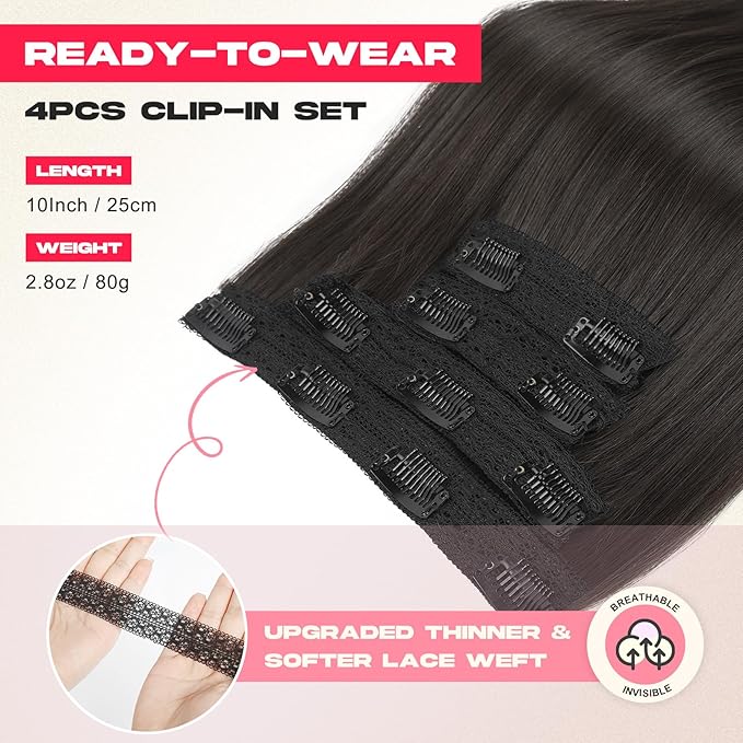 Hair Extensions, 10" Short Clip in Hair Extensions 4PCS Straight Natural Soft Synthetic Hairpiece for Women-Black Brown