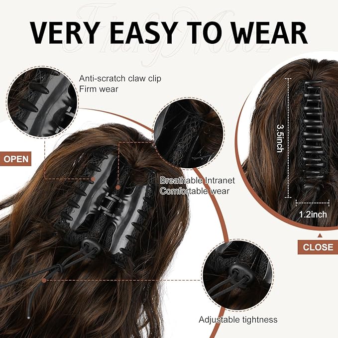 FLUFYMOOZ Ponytail Extension, 18 Inch Claw Clip Ponytail Extension, Wavy Curly Claw Clip in Ponytail Hair Extensions, Natural Fake Ponytail Synthetic Hairpiece for Women (Almond brown)