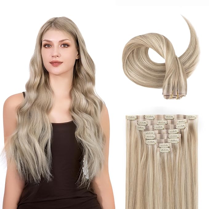 Clip in Hair Extensions Real Human Hair Seamless Clip Ins 100% Remy Hair Extensions PU Weft Golden Blonde Mix Light Blonde Thick&Invisible #P16A/22A 22Inch 120G 8PCS