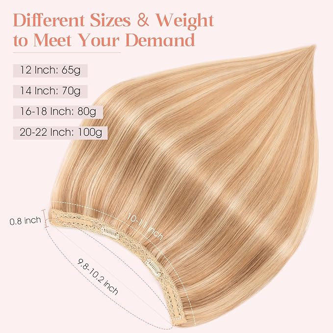 Hairro Wire Hair Extensions Human Hair, Fish Line Invisible Adjustable & Clips in Extensions Straight, 100% Real Hairpieces Seamless Blending for Women, 14 Inch 70g Golden Brown Mix Bleach Blonde