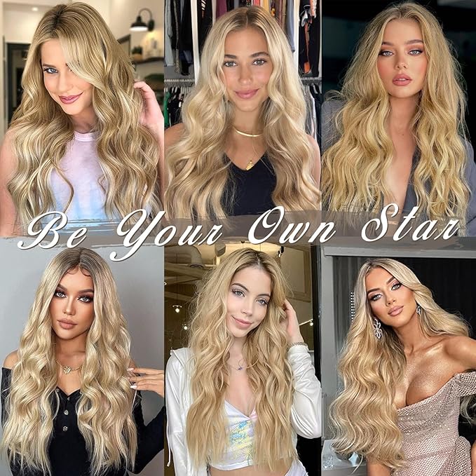 BARSDAR Wavy Clip in Hair Extensions - 20 Inch Golden Blonde Highlight Clip in Hair Extensions for Women - 5PCs Thick Soft Synthetic Loose Wavy Hairpieces – Golden Blonde with Highlights
