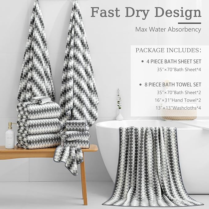 8 Piece Bathroom Towel Set Dark Grey|2 Oversized Large Bath Towels Sheet,2 Hand Towels,4 Washcloths| 600GSM Soft Premium Towel Set for Bathroom Hotel,Highly Absorbent Quick Dry Bath Towel Collections