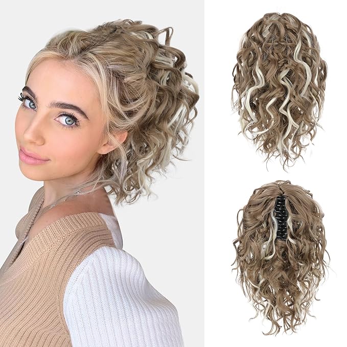 FLUFYMOOZ Ponytail Extension, 12" Short Claw Ponytail Extension Wavy Curly Jaw Clip in Pony tails Hair Extension Natural Synthetic Hairpiece for Women(Ash Brown with Blonde Highlights)