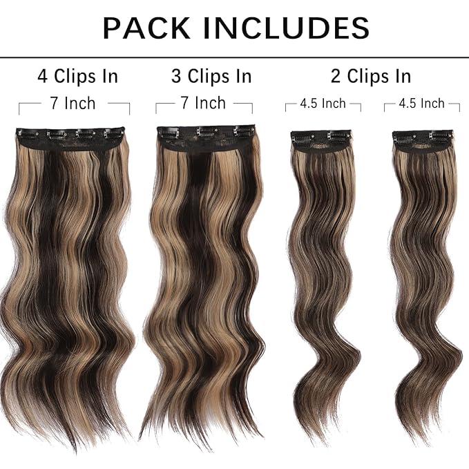 Vigorous Clip in Hair Extensions 20 Inch Brown mix Blonde Hair Extension 4PCS Long Wavy Soft Synthetic Hairpieces for Women