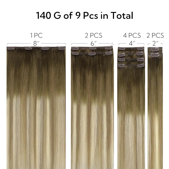 HOTBANANA Clip in Hair Extensions Real Human Hair, 135g 9pcs 18 inch Walnut Brown to Ash Brown and Bleach Blonde Straight Remy Clip in Extensions Full Head for Women