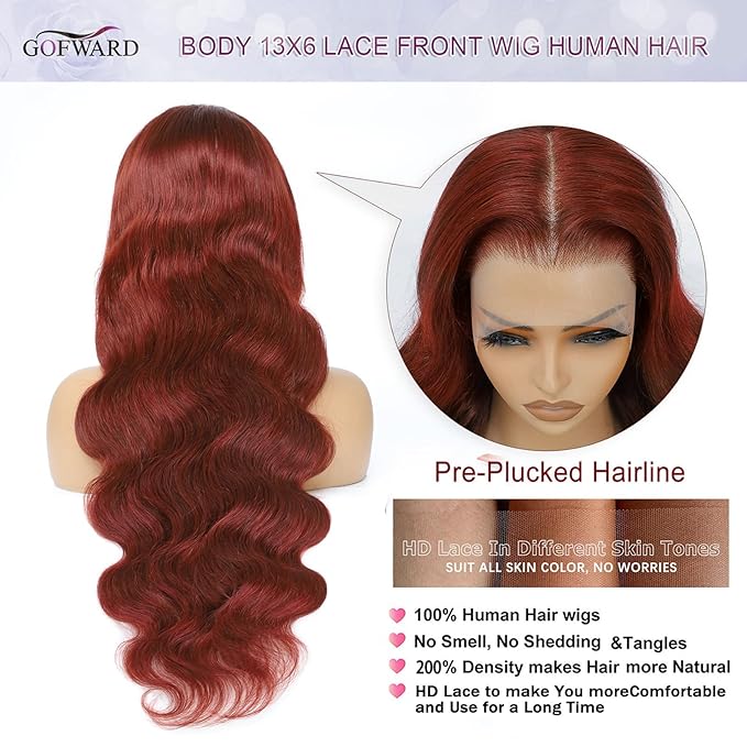 26 Inch Reddish Brown Wig Human Hair 13x6 Body Wave Lace Front Wigs HumanHair 200% Density HD Transparent 33# Lace Frontal Wigs Pre Plucked With Baby Hair Brownish Red Wig For Women