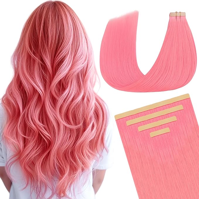 DOORES Real Human Hair Extensions, Remy Hair Extensions Straight Hair, 25g 10pcs 14 Inch Light Pink Tape