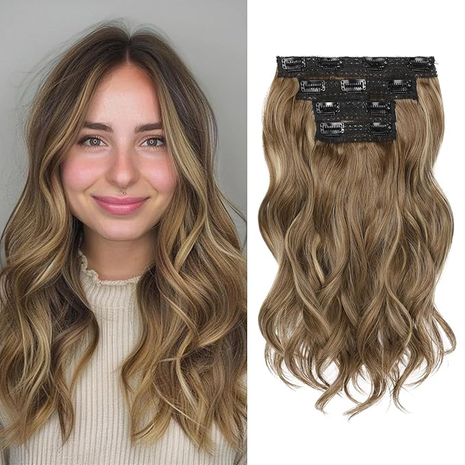 REECHO Hair Extensions, 4PCS Clip in Hair Extensions 14" Short Beach Wavy Invisible Lace Weft Natural Soft Hairpieces for Women – Dark Ash Brown with Highlights