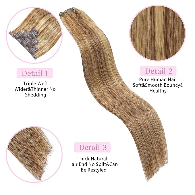 Clip in Hair Extensions Real Human Hair Chocolate Brown to Caramel Blonde 12 inch 7pcs 70g/Pack, Human Hair Clip in Extensions, Salon-Grade Quality, Easy Comfort Wear for Women (#P4/27, 12 inch)