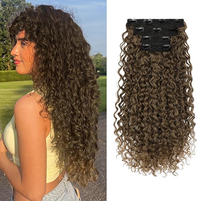 Flufymooz Clip in Hair Extensions, 4PC 100％ Pure Protein Silk Hair Extensions Long Soft Natural Hairpiece 20 Inch Curly Hair Extension for Women-Medium Brown to Light Brown