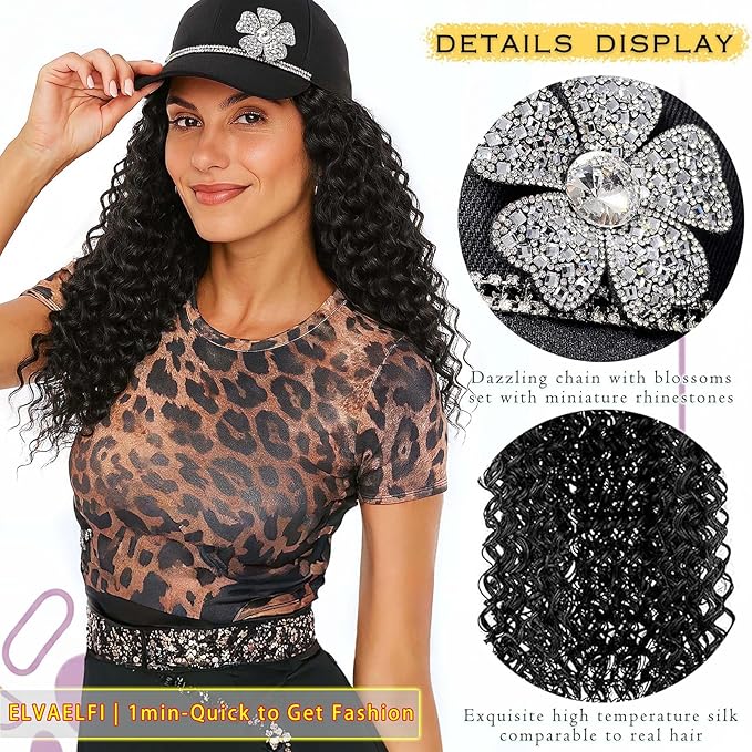 Hat Wig 16-Inch Gogo Curl Crochet Hair Extensions, Black Deep Wave Afro Curly Wigs for Black Women