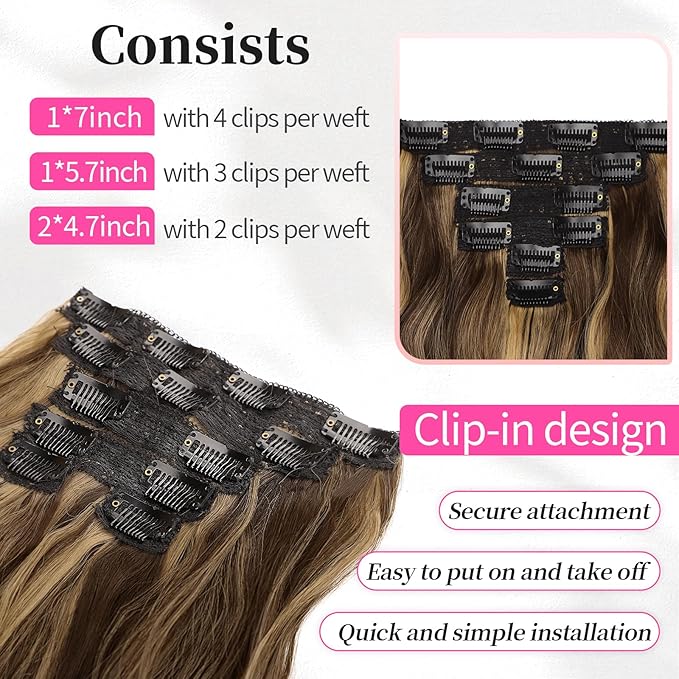 KooKaStyle Short Hair Extensions 6PCS 14 Inch Wavy Curly Hairpieces Synthetic Soft Lace Weft Clip in Hair Extensions-Balayage Chocolate Brown to Caramel Blonde for Women