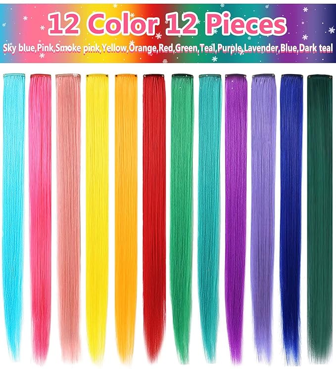 12 PCS 20 inch Rainbow Wig Pieces Colorful Party Highlights Clip in Coloured Hair Extensions Multicolors Straight Synthetic Hairpieces for Women Kids Girls