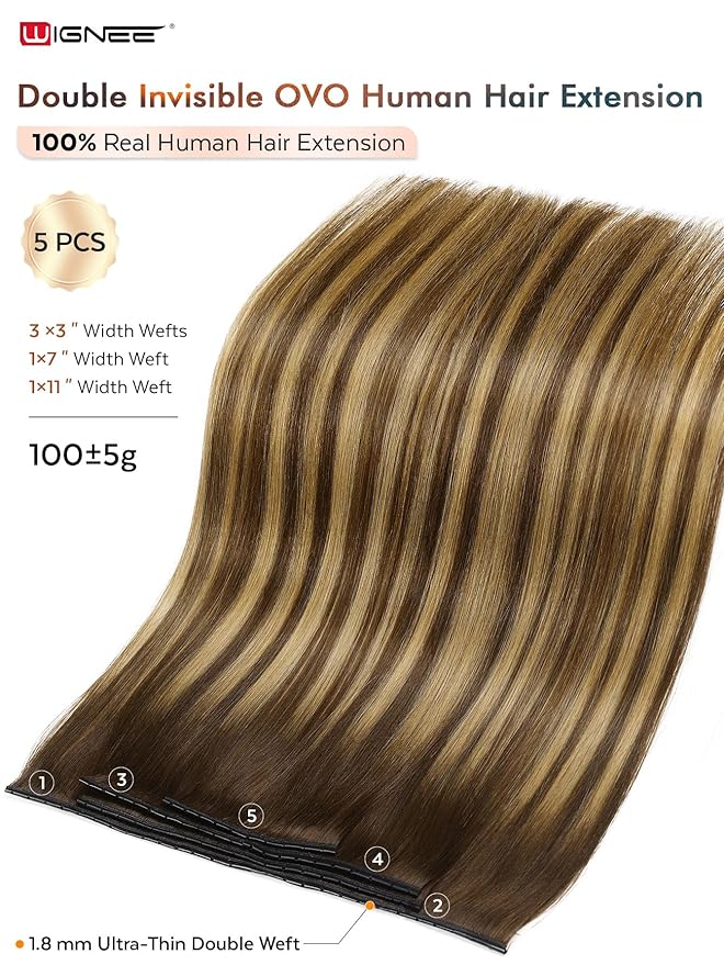 WIGNEE OVO Double Hand-Tied Balayage Hair Extensions – 20 Inch, 100g, 5PCS, Highlight Honey Blonde Remy Human Hair, Genius Invisible Sew-In Weft, Glueless, Seamless Soft Silky Hair Extensions (T4/27)