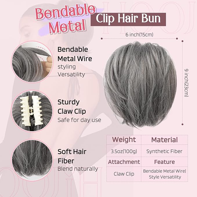 HOOJIH Messy Bun Hair Piece, Claw Clip in Straight Hair Bun 9 Inch Short Ponytail Extension with Bendable Metal Wire Hair Pieces for Women Fake Hair Bun DIY Styles - Light Ash Gray