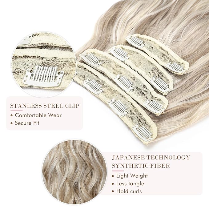 REECHO Hair Extensions, 4PCS Clip in Hair Extensions HE001 Natural Soft Synthetic Hairpieces for Women, Ash Blonde with Blonde Highlights