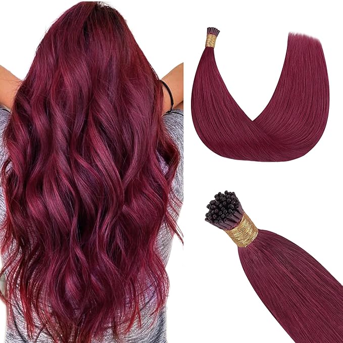 GOO GOO Colored I Tip Hair Extensions Real Human Hair, 16inch 50g 100S, Cold Fusion I Tip Hair Extensions, Invisible Remy Hair Extensions, Burgundy Red