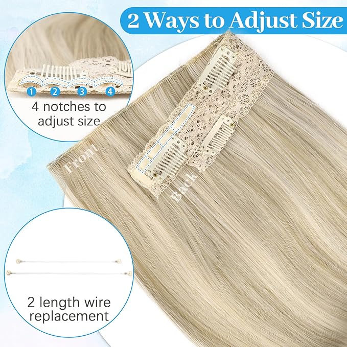 KooKaStyle Invisible Wire Hair Extensions Long Wavy Layered Synthetic Hairpieces with Transparent Wire Adjustable Size 6 Secure Clips Light Brown with Platinum Blonde for Women 20 Inch