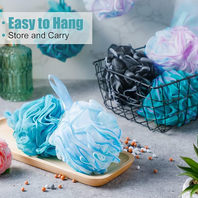 Shellwei 32 Pcs Bath Sponge Shower Loofahs Bulk 60 g Charcoal Body Shower Large Mesh Puff Soft Scrubber for Men and Women Exfoliating Pouf Balls with Bathing Accessories