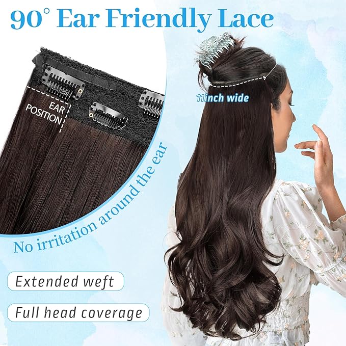 KooKaStyle Invisible Wire Hair Extensions Long Straight Layered Synthetic with Transparent Wire Adjustable Size 6 Secure Clips Hairpieces for Women 20 Inch (20 Inch,Reddish Chocolate Brown)