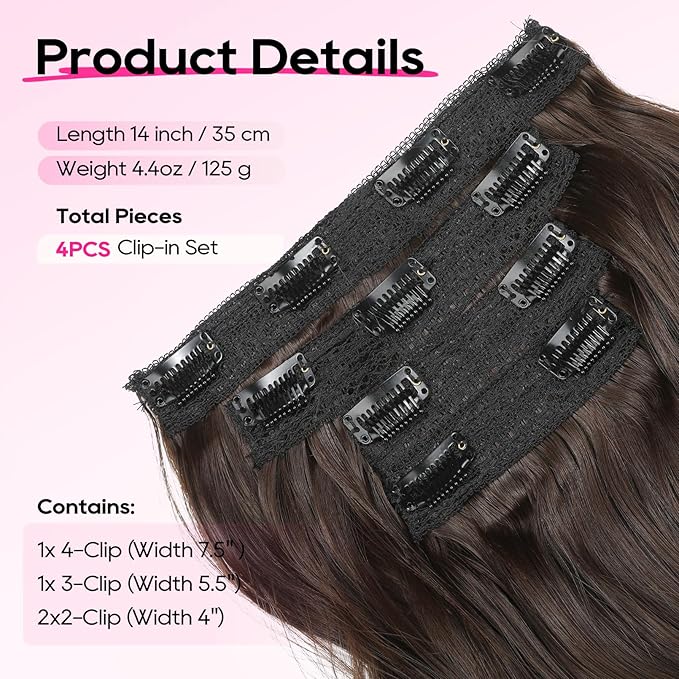 REECHO Clip in Hair Extensions - 14" Short Beach Wavy Hairpieces - Invisible Lace Weft - Natural Soft - Chocolate Brown