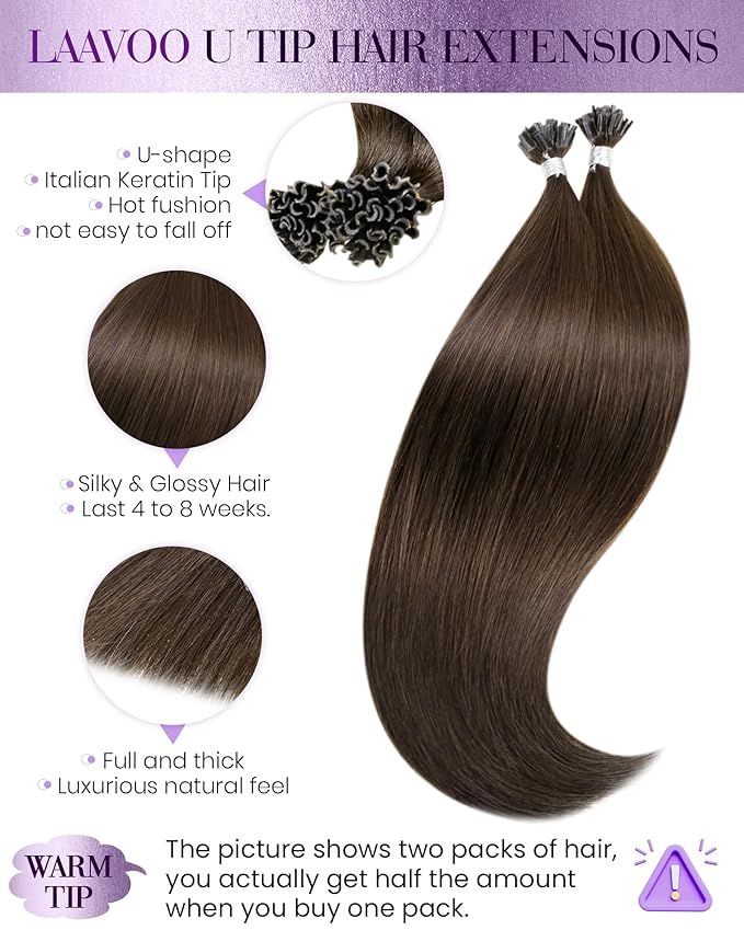 LaaVoo U Tip Hair Extensions Human Hair Brown Ktip Human Hair Extensions Medium Brown K Tip Hair Extensions Real Human Hair Hot Fusion Straight 100g 100s 18 Inch