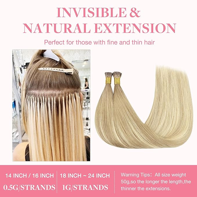 GOO GOO I Tip Hair Extensions Real Human Hair, 22inch 50g 50S, Cold Fusion I Tip Hair Extensions, Invisible Remy Hair Extensions, 18ET90A Natural Blonde Balayage