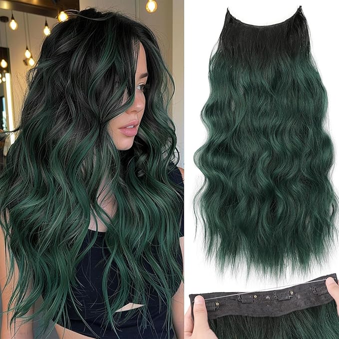 KooKaStyle Invisible Wire Hair Extensions with Transparent Headband Adjustable Size 4 Secure Clips Long Wavy Secret Wire Hairpiece 20 Inch for Women(Ombre Black to Green)